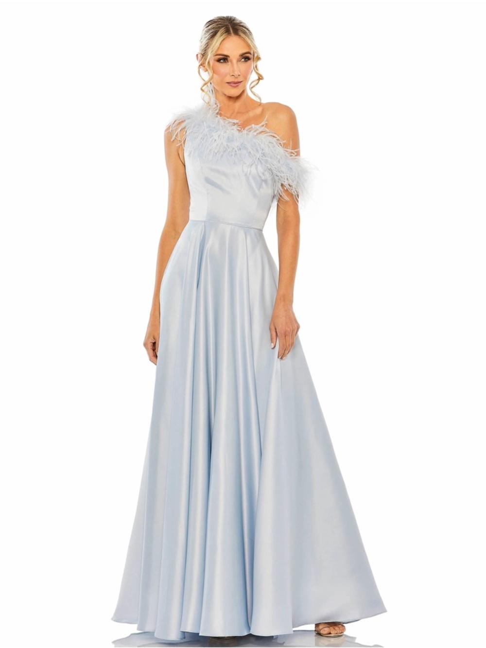 Mac Duggal Size 4 Blue 11684 One Shoulder A-Line Maxi Gown Feather Prom Dress